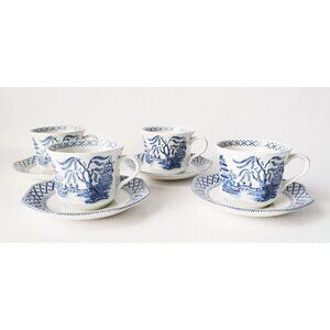 4 Vintage Meakin J.&G. Royal Staffordshire Willow Ironstone Octagonal Cup and Sa